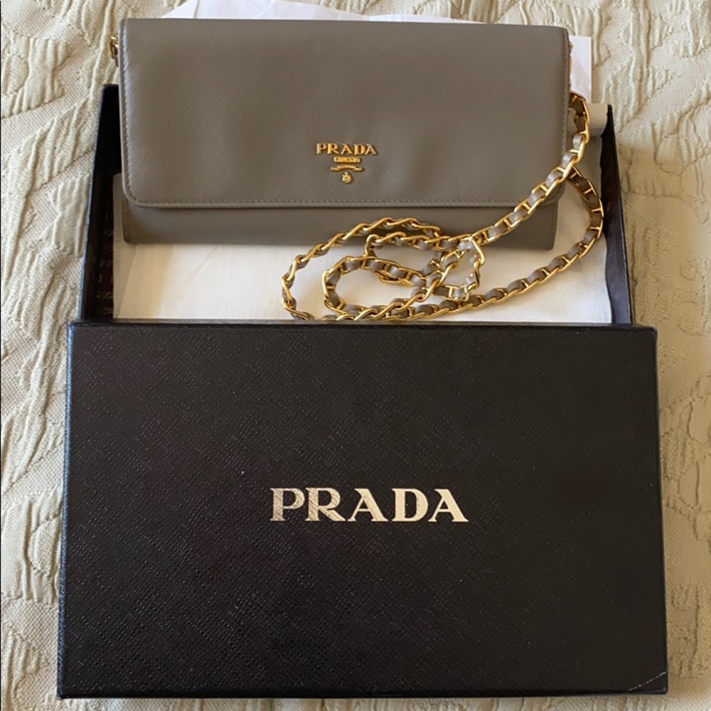 Prada Gray Wallet with Gold Chain